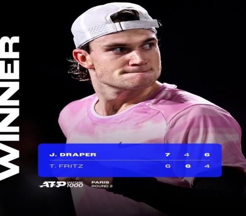 ATP1000巴黎大師賽：世界第5弗里茨1-2不敵德雷珀，遭遇一輪游