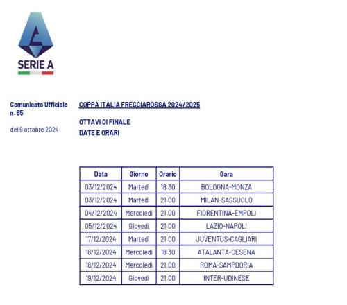 意杯1/8决赛赛程：米兰战萨索洛、尤文战卡利亚里、国米战乌鸡